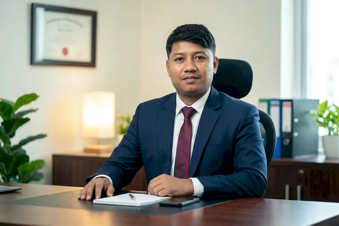 An attorney in a suit seated at his office desk