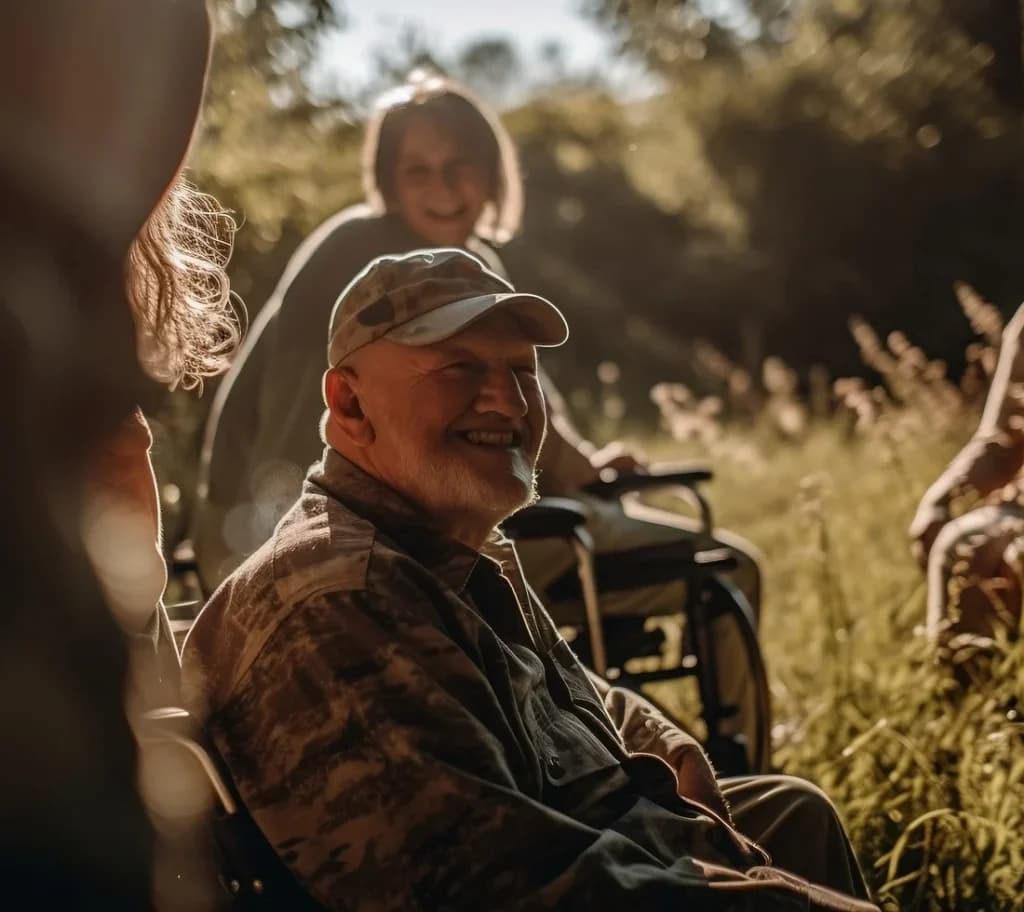 A smiling veteran in a wheelchair outdoors with family on a sunny afternoon